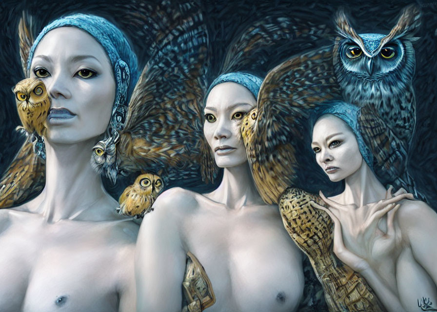 Surreal humanoid figures with owl features and perched owls on cool backdrop