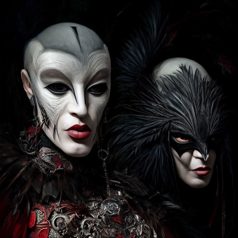 Individuals in Elaborate Bird-Like Costumes with Dramatic Makeup