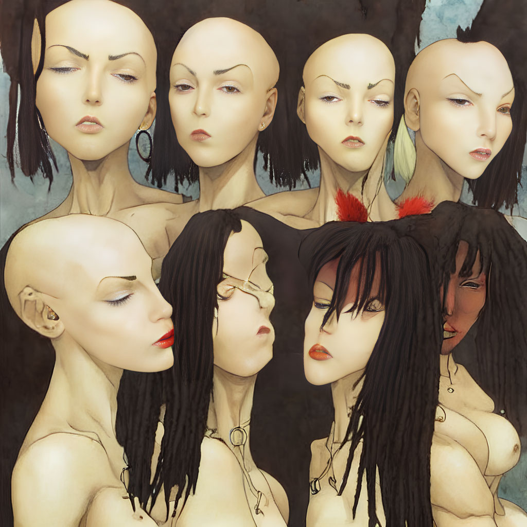 Eight bald female figures with diverse expressions, hairstyles, and accessories on textured background