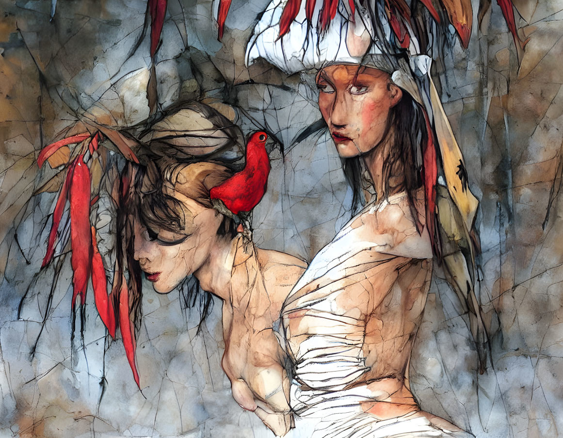 Two white female figures with red feathered headdresses on cracked earth-toned backdrop