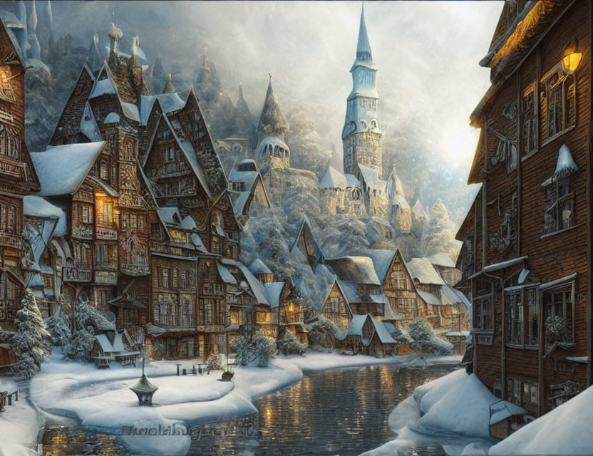 Snowy village with traditional houses and towering spire in warm glow