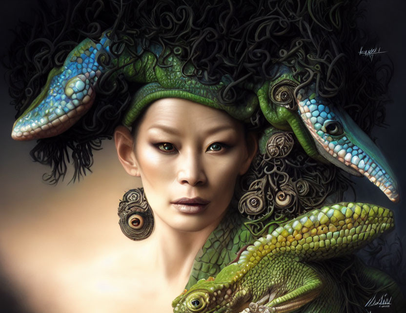 Colorful reptiles adorn woman's head in serene portrait