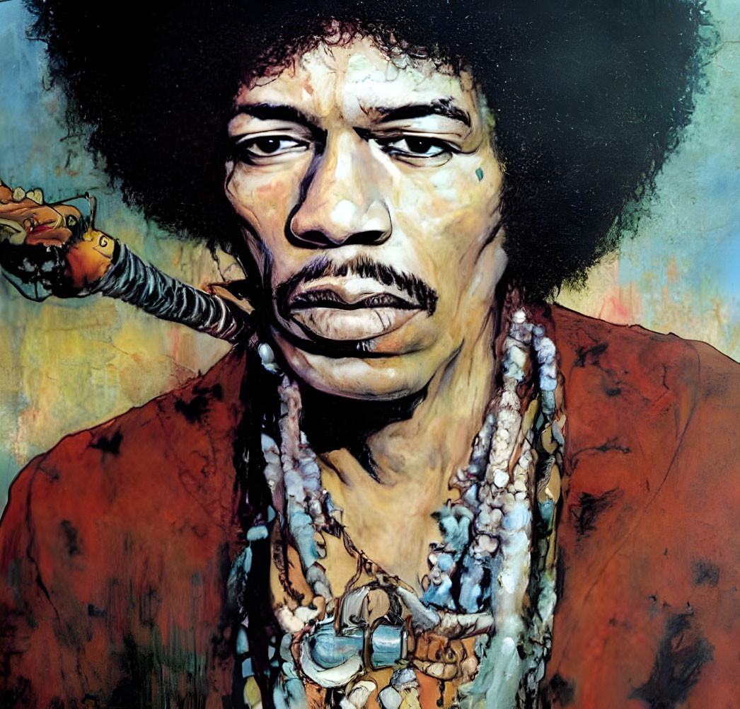 Colorful portrait of man with iconic afro and microphone in red attire.