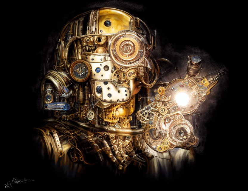 Detailed Steampunk-Style Humanoid Robot Drawing with Gears and Mechanical Parts