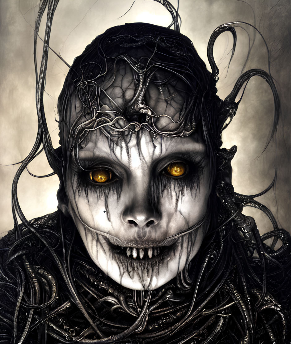 Dark fantasy creature with skull-like features and yellow eyes in murky setting