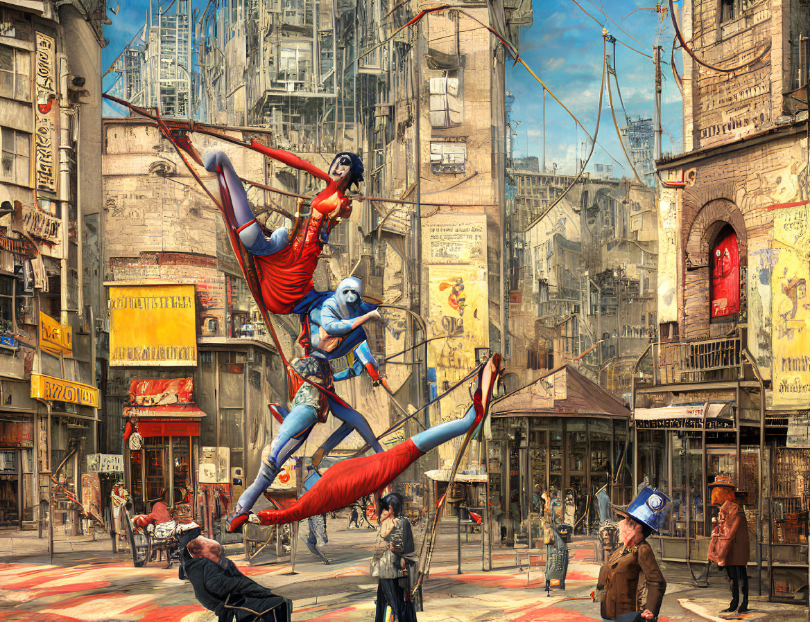 Colorful street scene with acrobatic characters in retro-futuristic cityscape