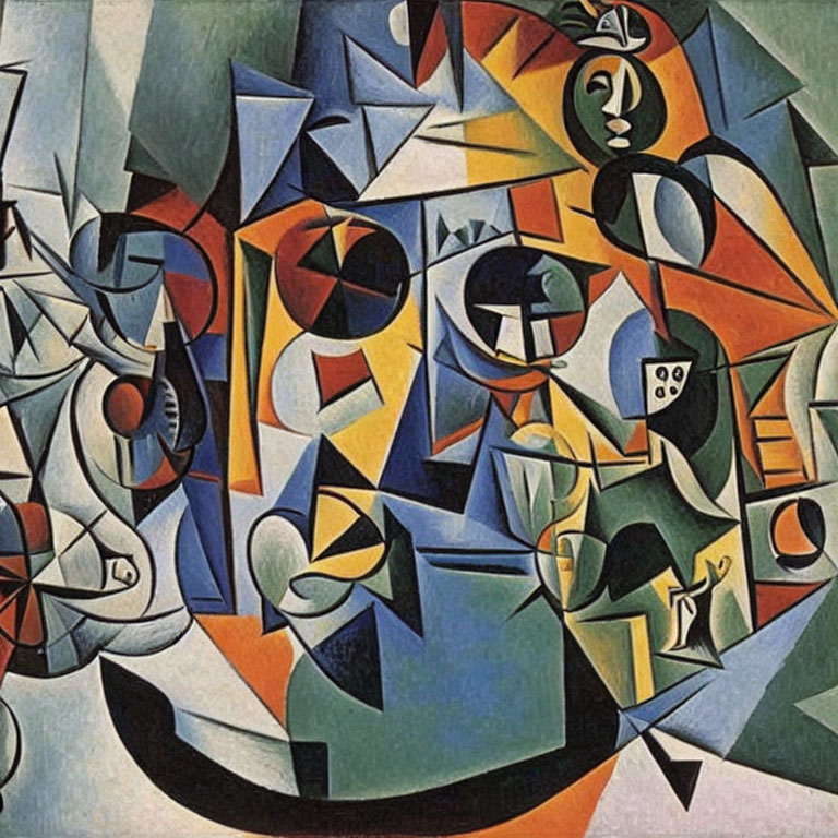 Vibrant Cubist painting with interlocking shapes in green, blue, orange, and black.