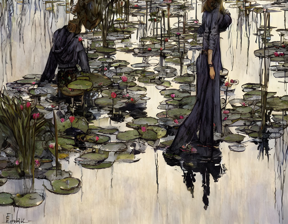 Art Nouveau style illustration of two women in a pond with water lilies