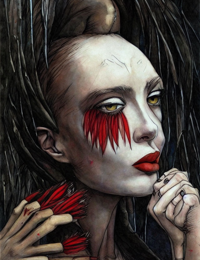 Portrait of a person with white face paint and red streaks, adorned with feathers, against a dark