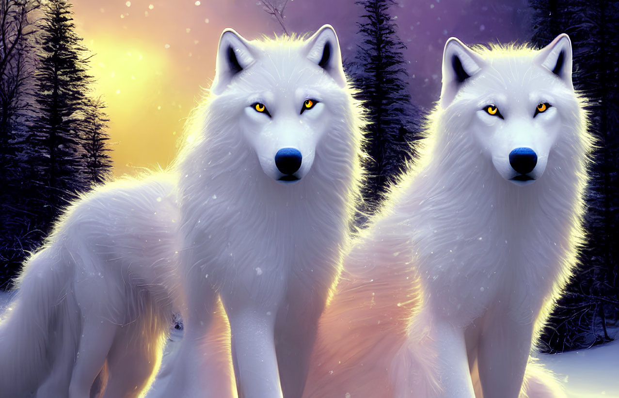 Majestic white wolves with yellow eyes in snow-covered forest