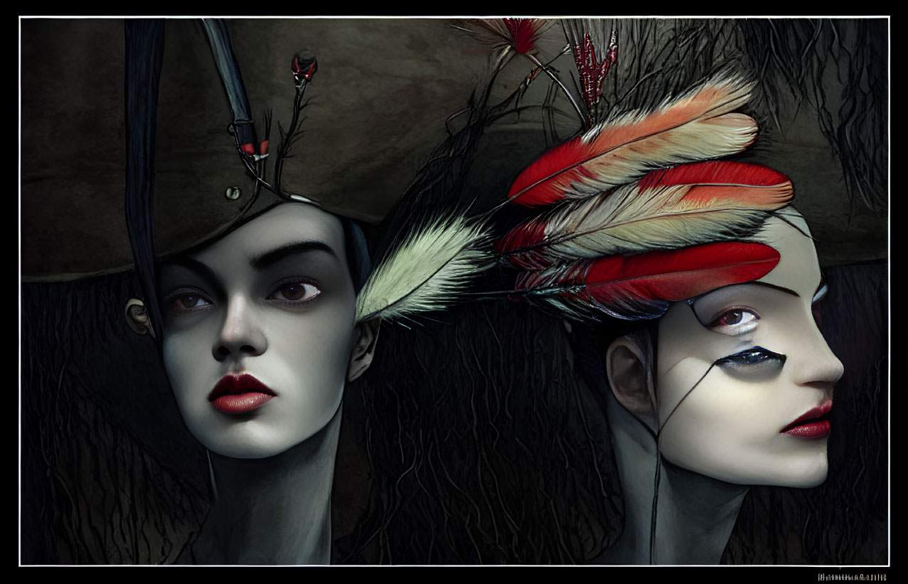 Stylized faces with makeup and feathered hats on textured background