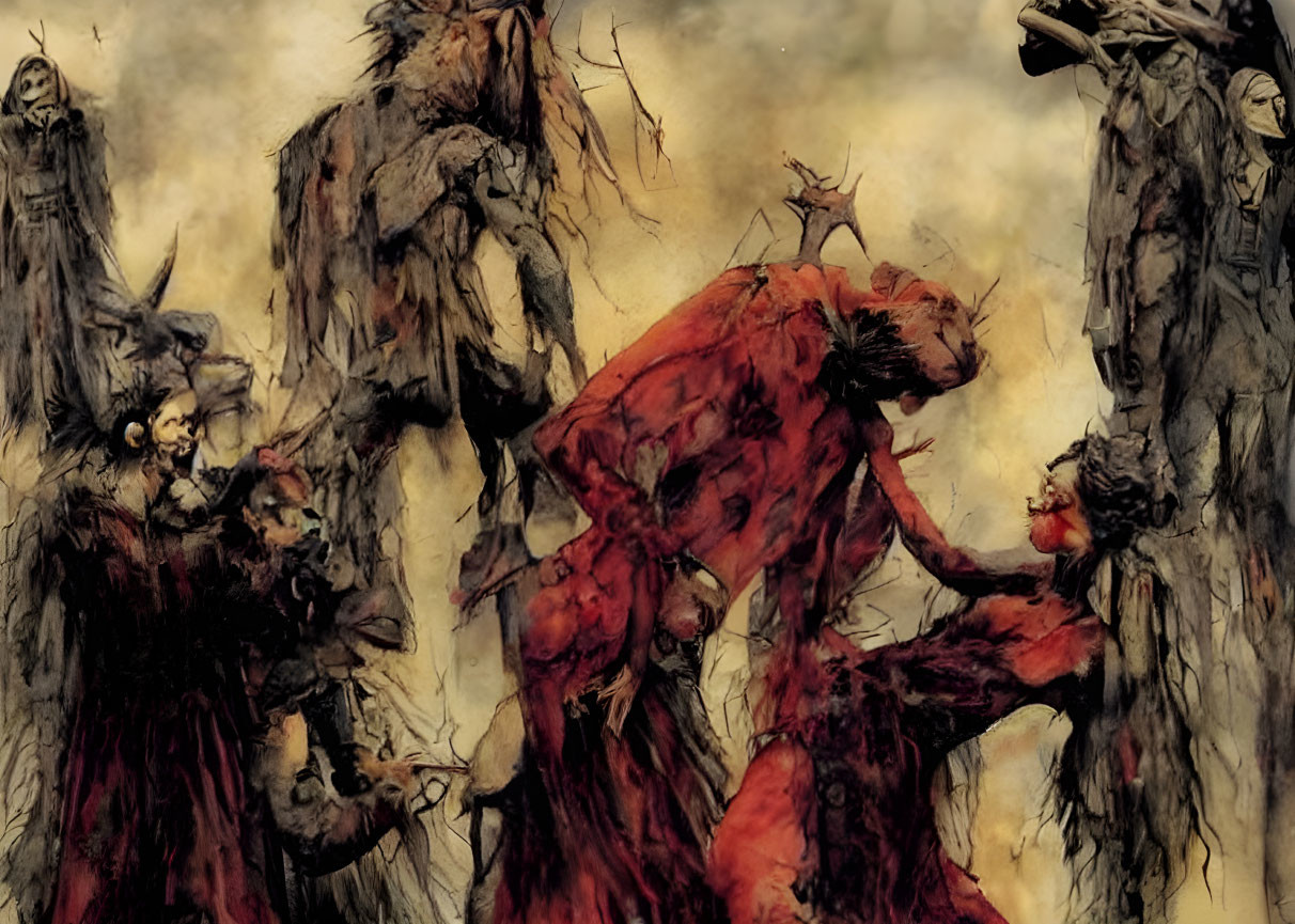 Dark Artwork Featuring Red Creature and Cloaked Figures