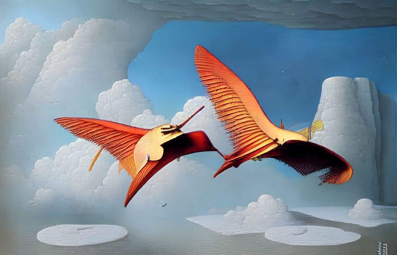 Stylized mythical birds flying over serene landscape with pillars