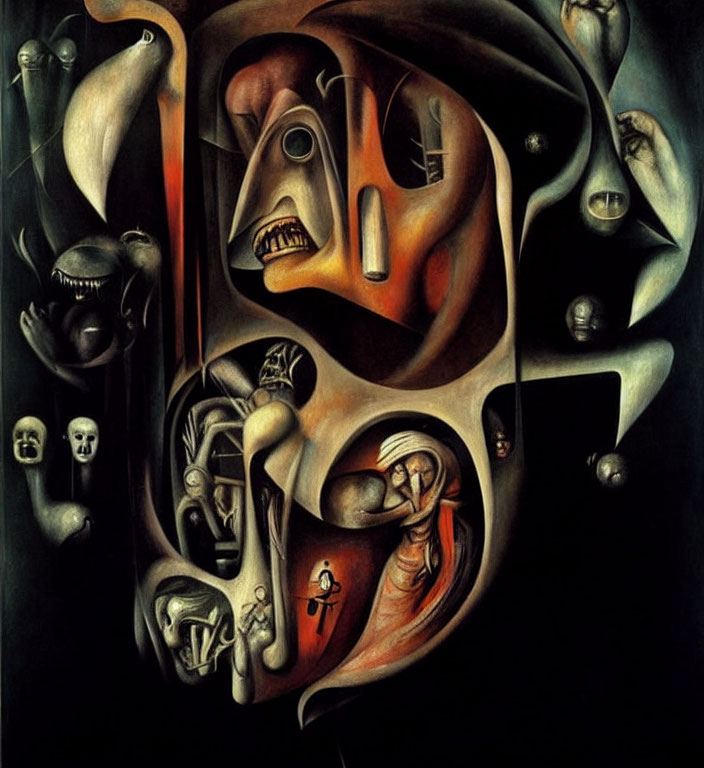 Surrealist Painting with Distorted Figures and Dark Tones