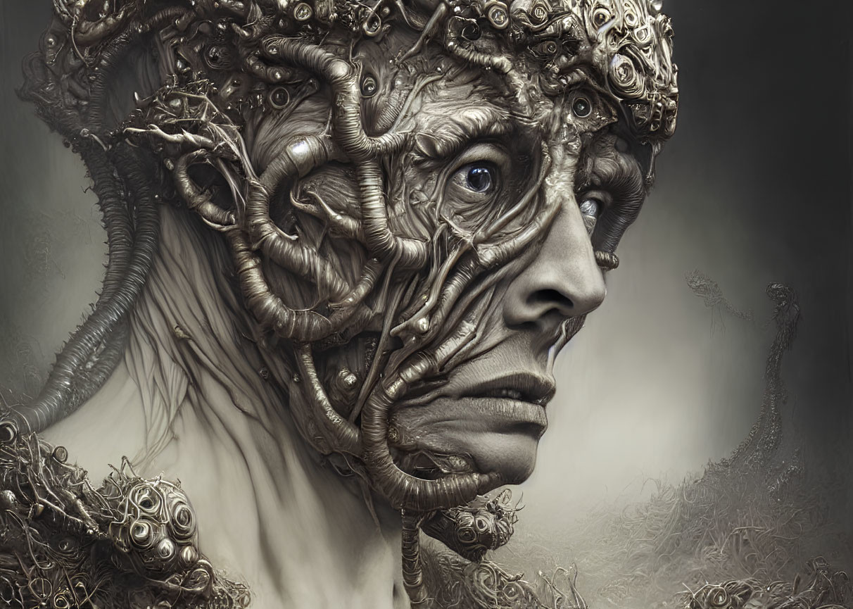 Intricate surreal portrait with complex metallic headpiece