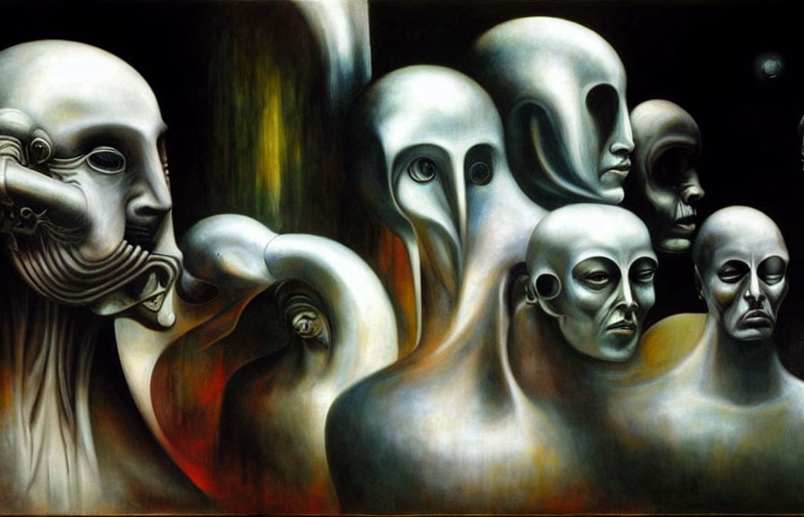 Distorted human-like figures in surreal painting with elongated heads and blank expressions