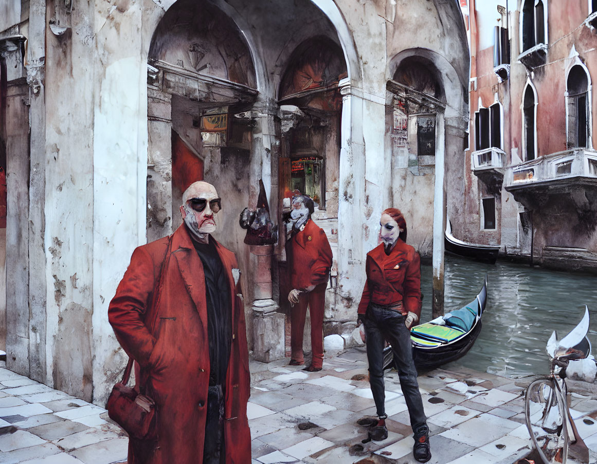 Three individuals in red outfits with white masks in a Venetian alley by a canal.