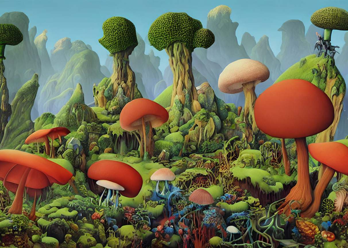 Vibrant fantasy landscape with oversized mushrooms and tiny explorers