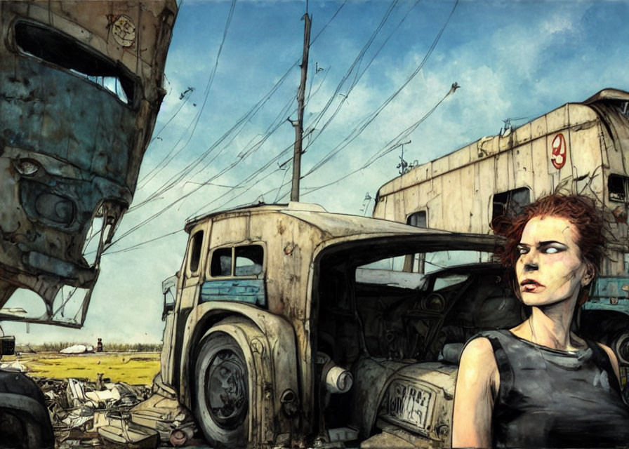 Red-Haired Woman by Rusted Car in Dystopian Landscape