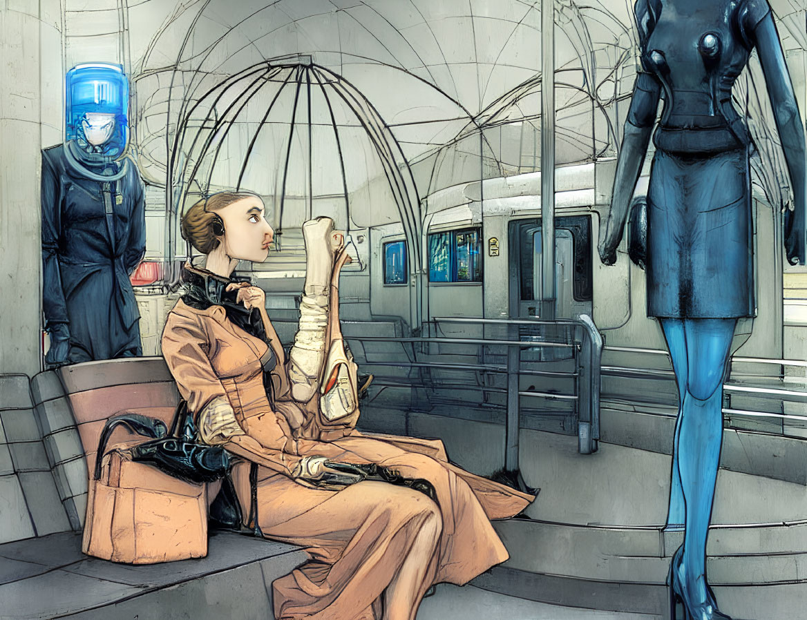 Futuristic subway station with seated woman, man in glowing visor, and humanoid figure