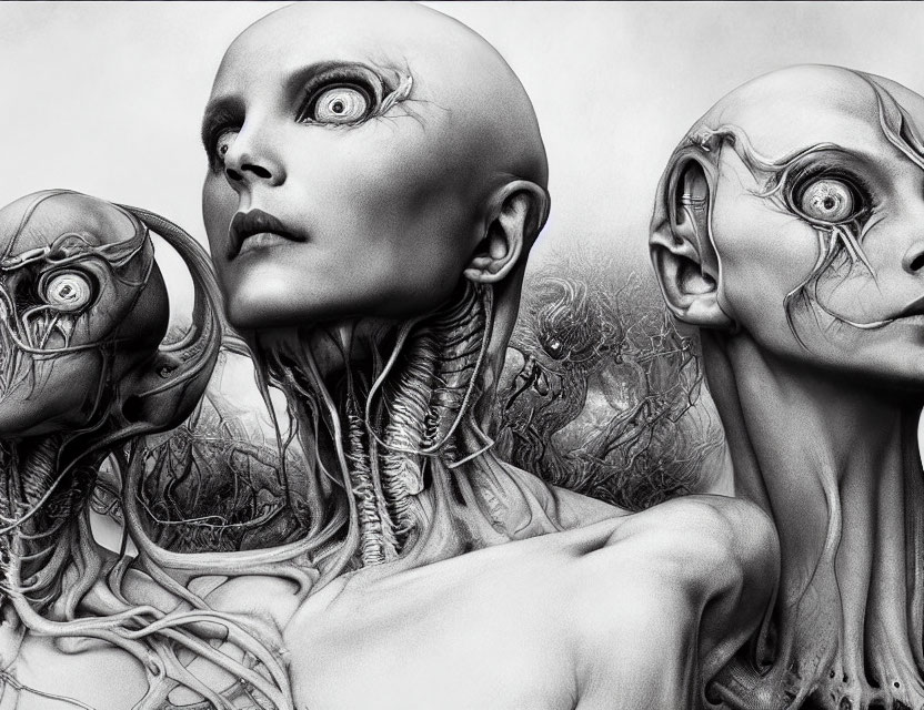 Detailed black and white illustration of three bald humanoid figures with surreal, cyborg-like facial features, surrounded