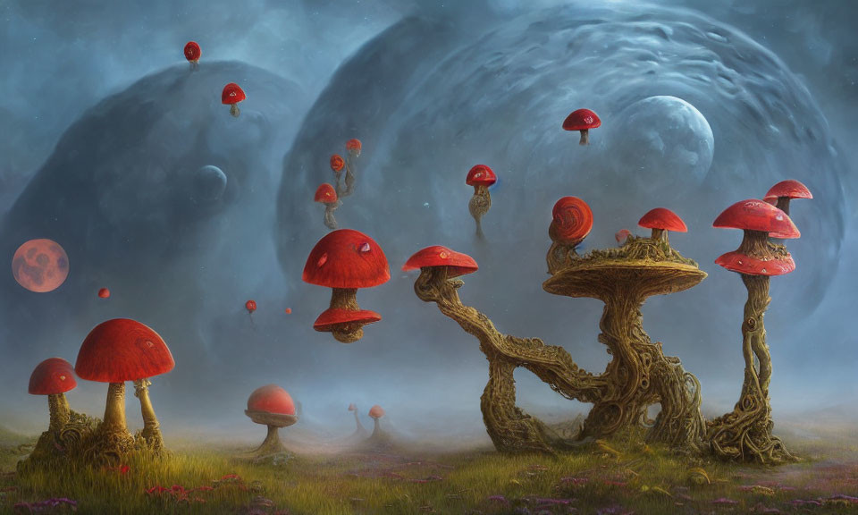 Fantastical landscape with oversized red mushrooms and giant moons