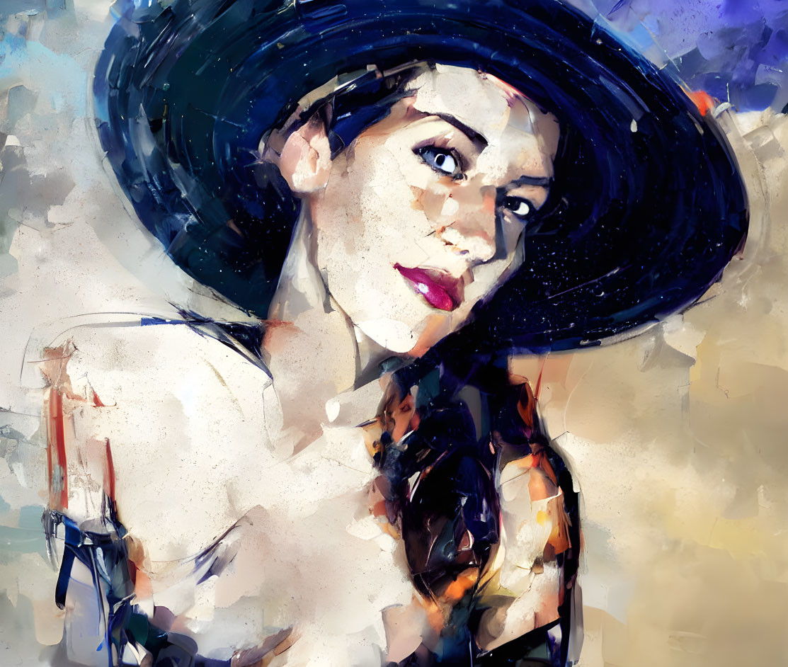 Abstract painting of woman in wide-brimmed hat with bold brushstrokes