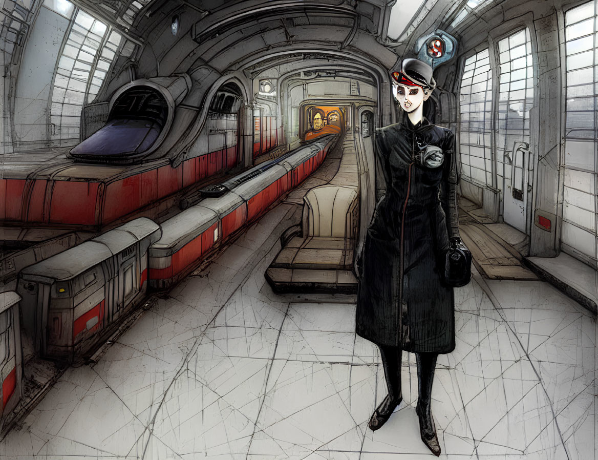 Stylized illustration of a woman in retro uniform in futuristic train carriage