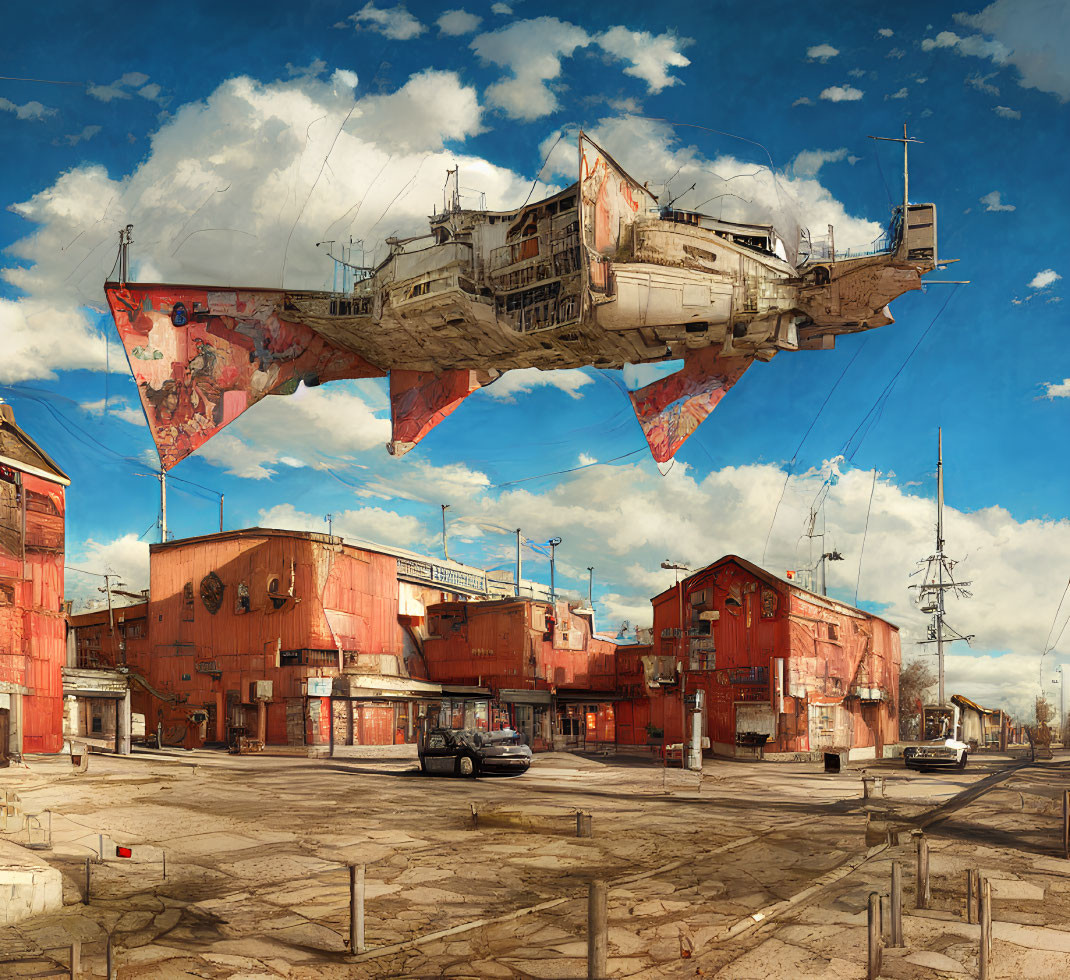 Futuristic floating ship above rust-red buildings in sci-fi cityscape