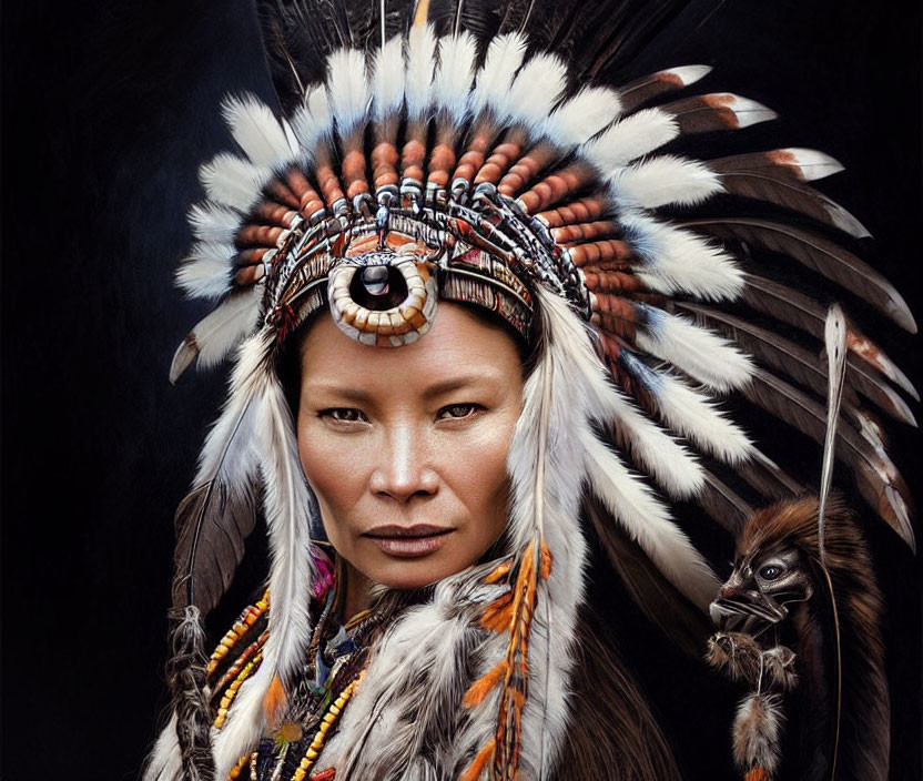 Person in Native American headdress holding a primate against dark background