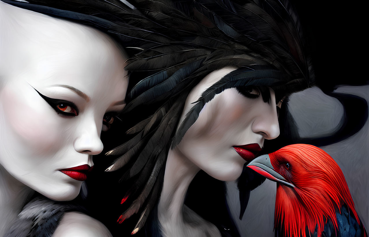 Two women with dramatic makeup and feather headdresses next to a red bird