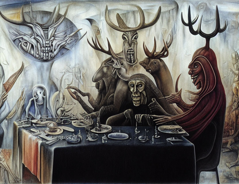 Surreal painting of grotesque humanoid creatures in dinner scene