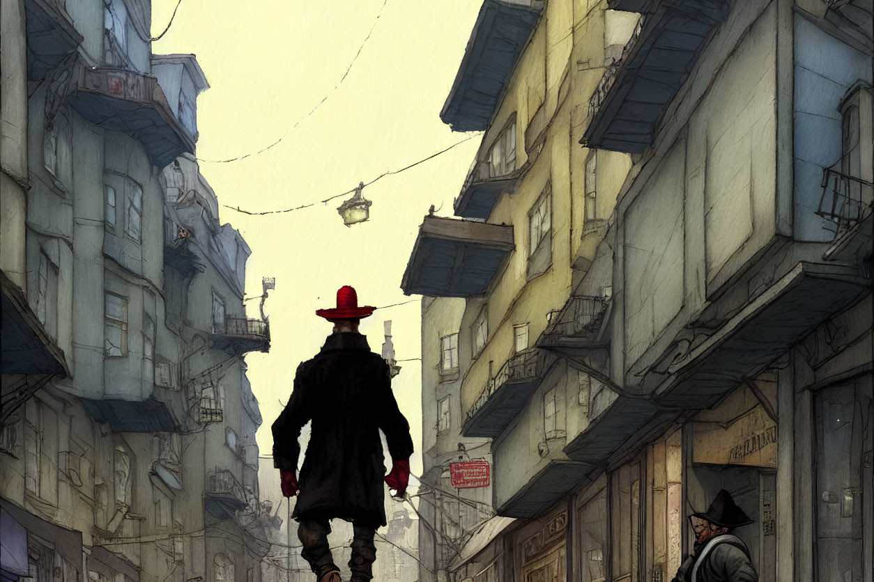 Person in red hat and coat in busy city alley with high buildings and hanging lanterns