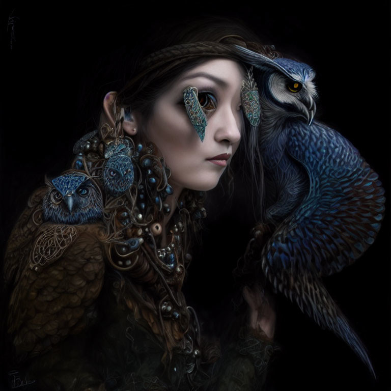 Enigmatic woman with stylized owls on shoulder and near face on dark background