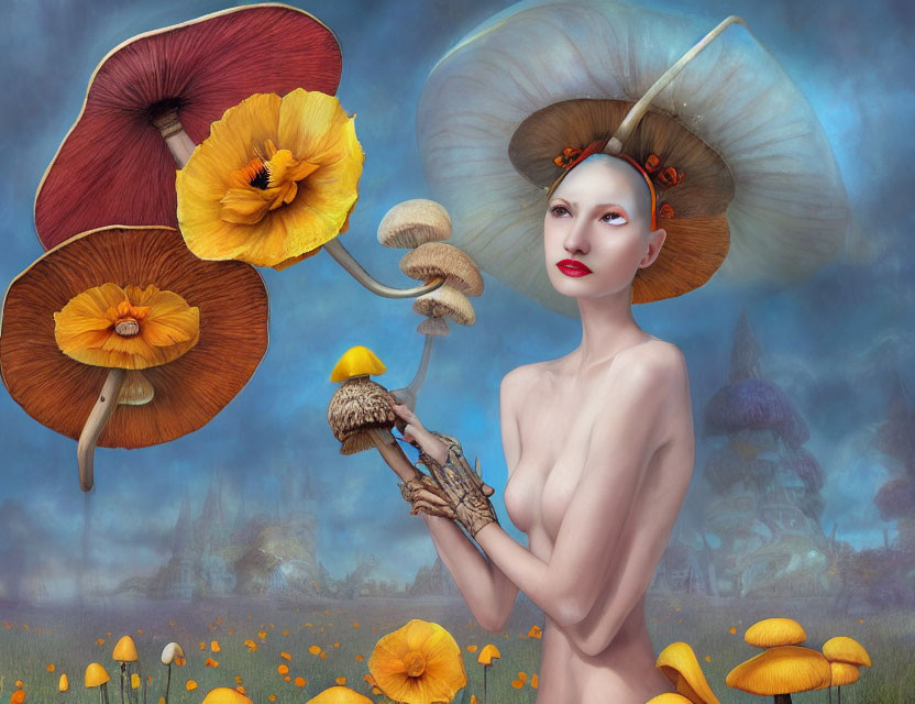 Surreal image: woman with mushroom hat and staff in fantastical landscape