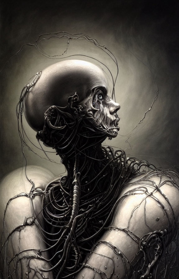 Monochrome biomechanical figure with exposed skeletal structure and wires