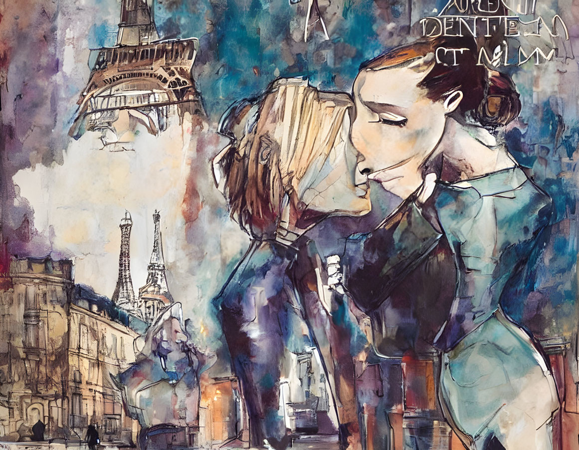 Couple kissing with Eiffel Tower in watercolor art