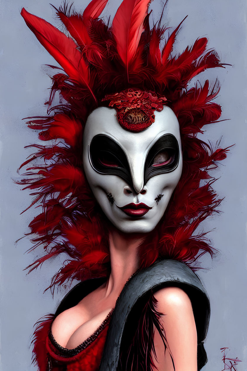 Person in Red and Black Feathered Mask with Artistic Makeup and Dark Garment