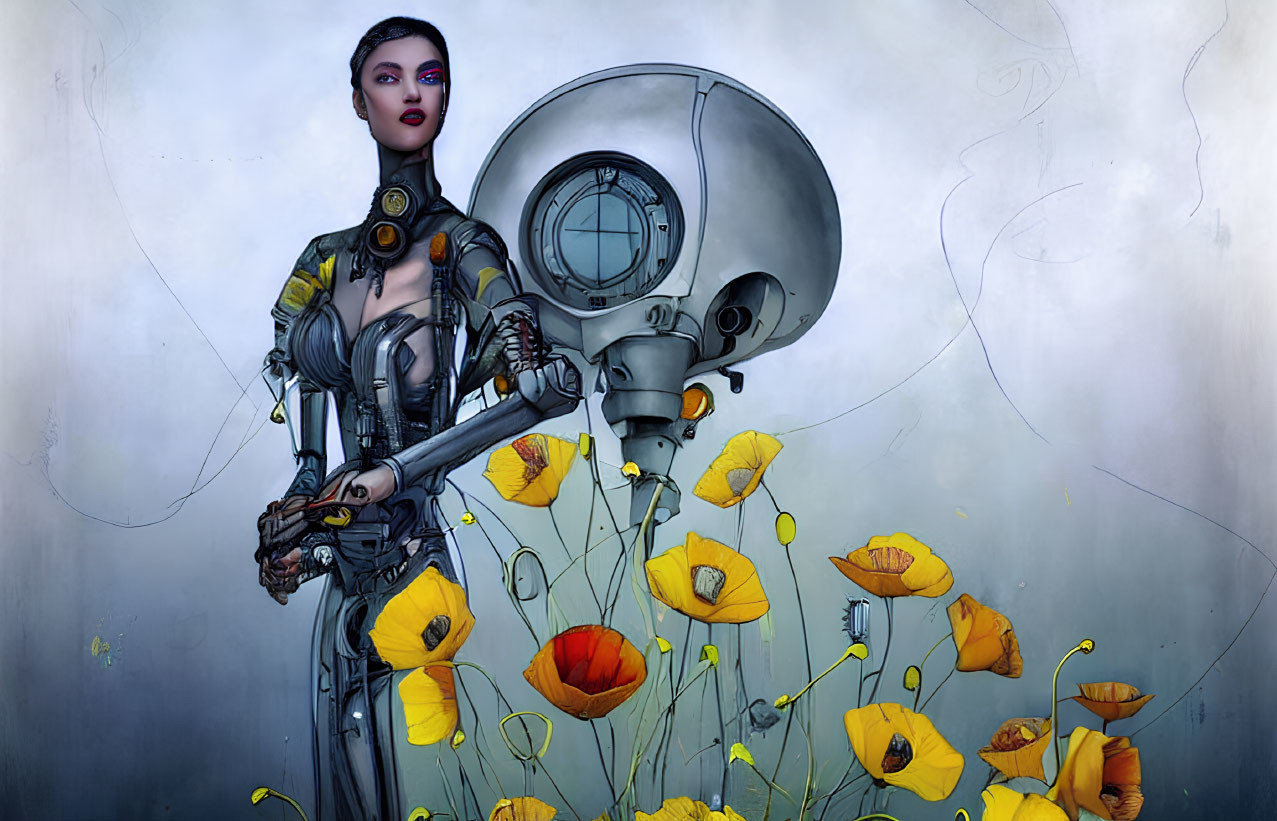 Female cyborg with mechanical arms surrounded by yellow and orange poppies and a circular machine structure