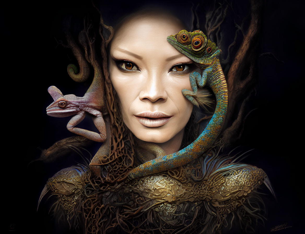 Digital Artwork: Woman with Chameleons in Intricate Tree Design