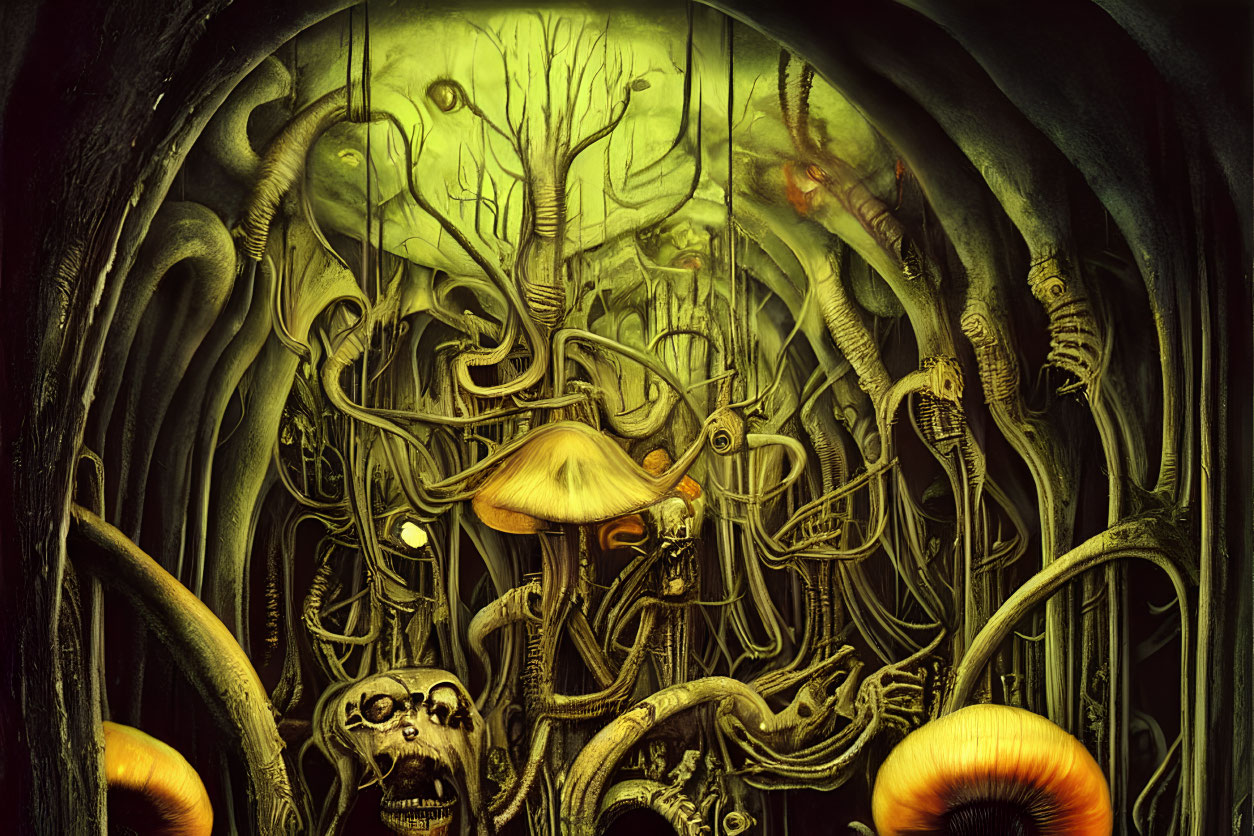 Surreal dark forest with twisted branches and ominous mushrooms