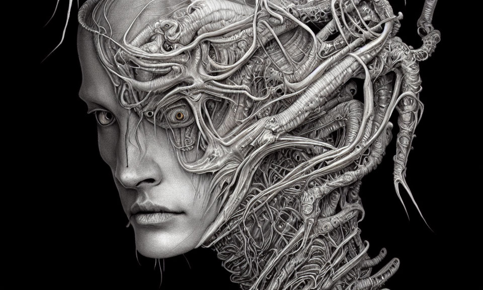 Monochromatic digital art: human face merged with mechanical elements.