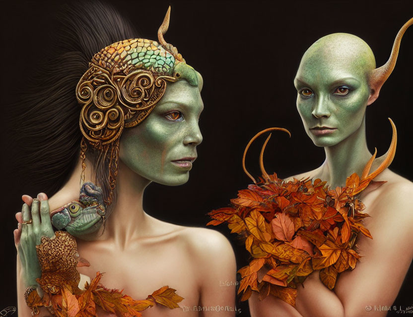 Green-skinned humanoid figures with distinct headgear and leafy adornments.