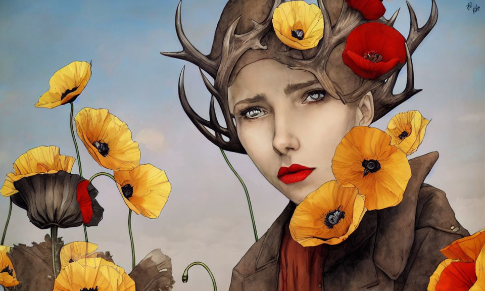 Illustration of woman with antler-like branches and poppies under cloudy sky