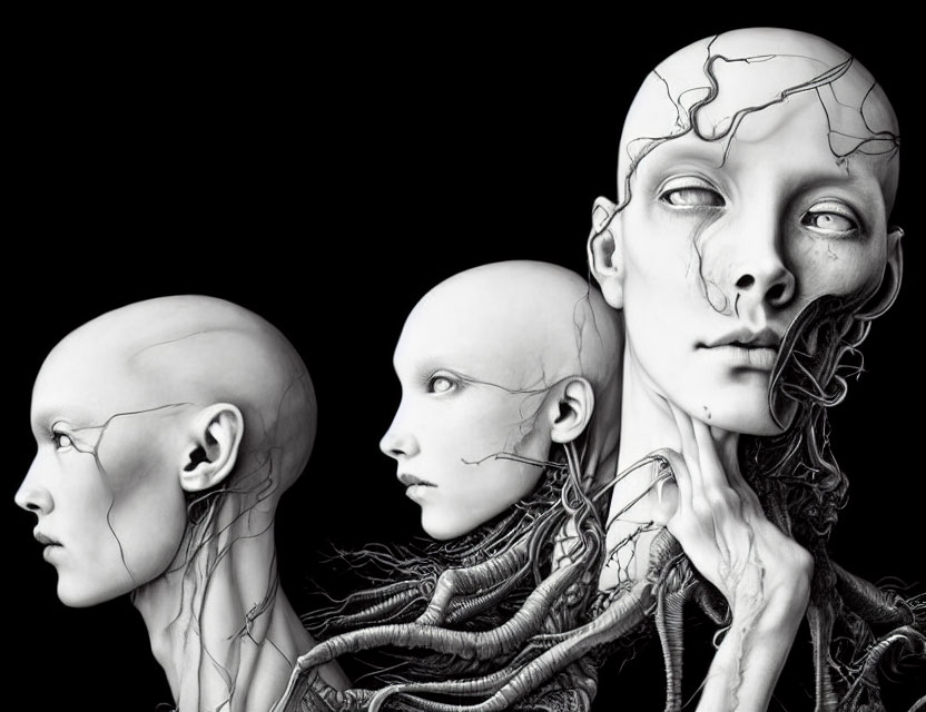 Three hyper-realistic monochrome human head illustrations with mechanical details on textured surfaces.