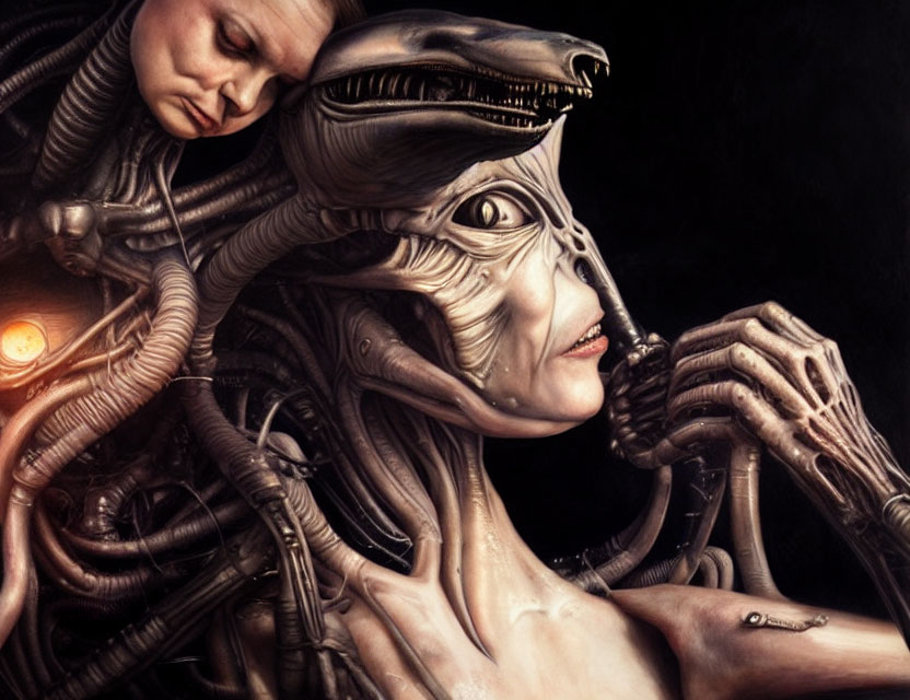 Biomechanical humanoid figure embracing human in Xenomorph-inspired art