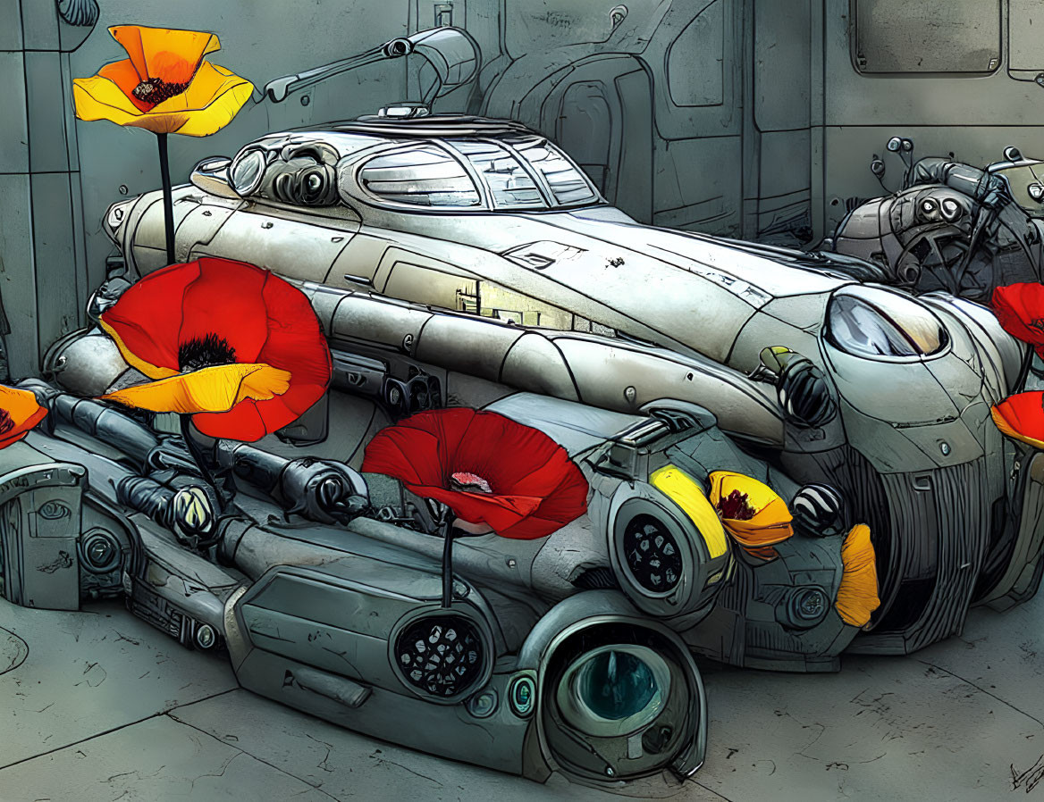 Vibrant futuristic submarine illustration with mechanical details and poppies.