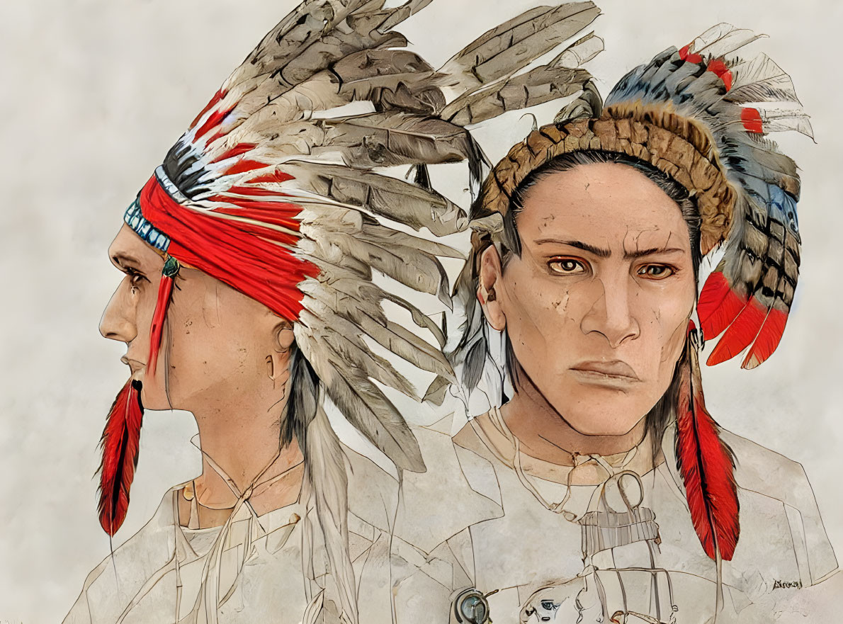 Two individuals in traditional feathered headdresses, one facing forward and the other in profile