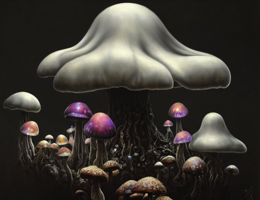 Fantasy-like colorful mushrooms on dark tree-like surface