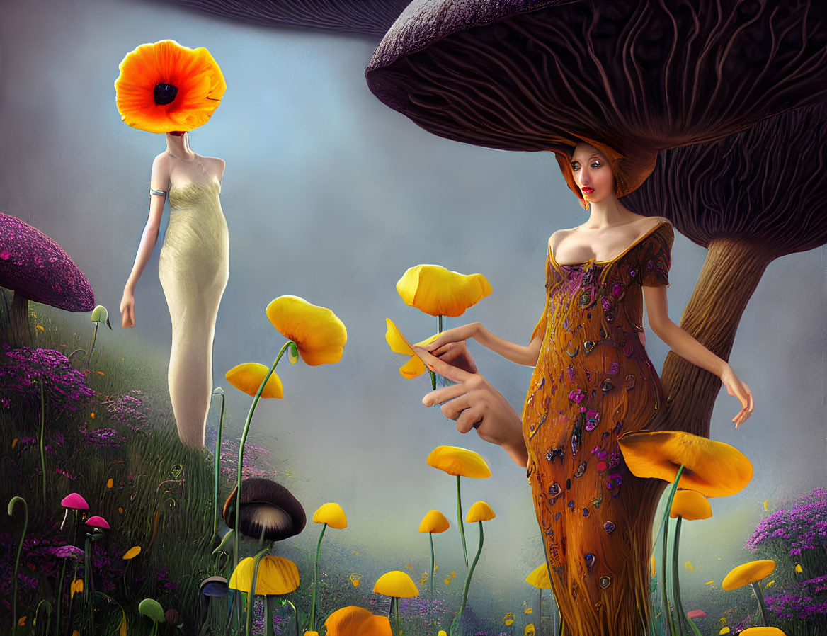 Surreal artwork featuring flower-headed figure in oversized mushroom landscape